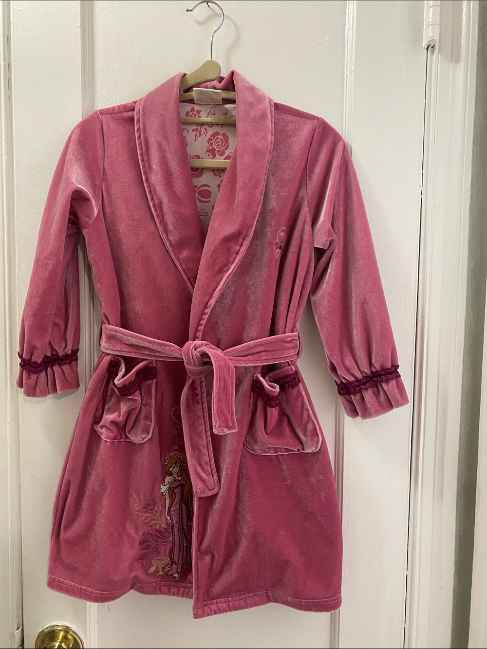 Disney Store Girls Enchanted Giselle Pink Velour Satin Lined Bathrobe Small 5/6